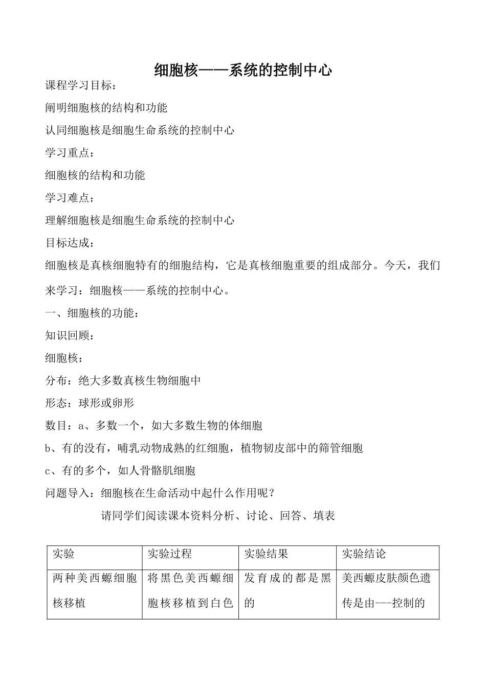 新人教版高中生物必修1细胞核 系统的控制中心教案_第1页