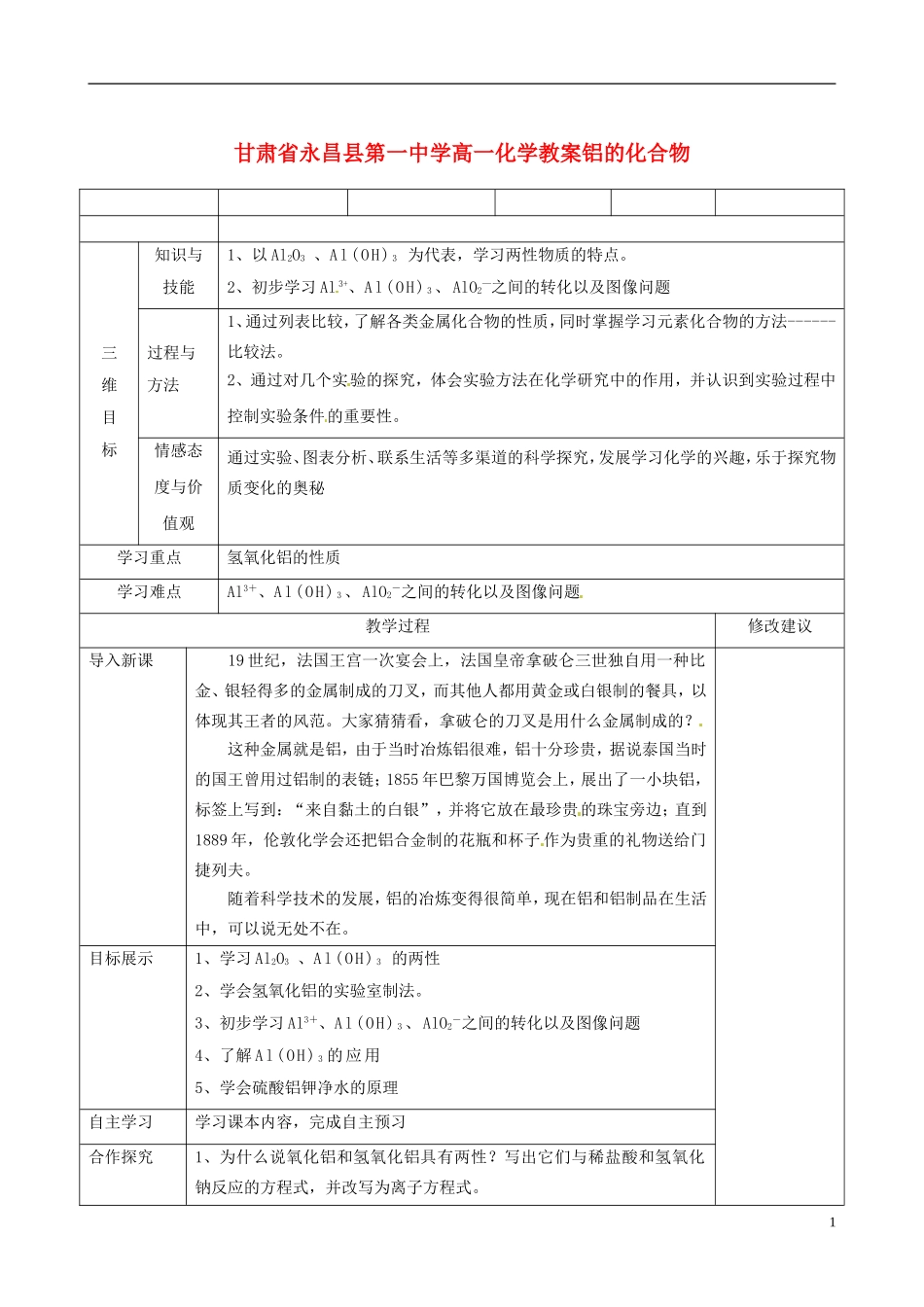 甘肃省永昌县第一中学高一化学 铝的化合物教案_第1页