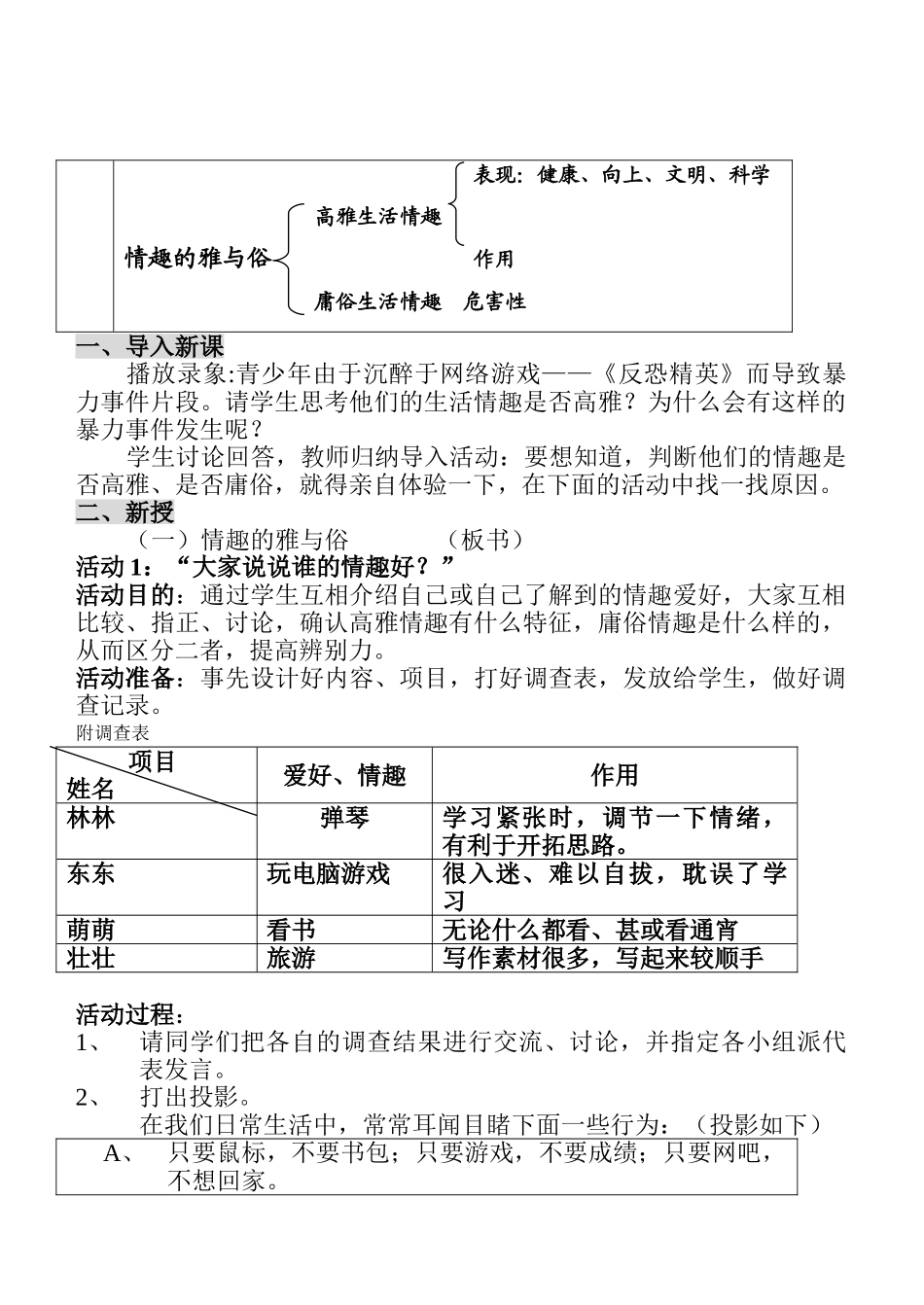 七年级政治7.1.2　情趣的雅与俗　教学设计人教版教材_第2页