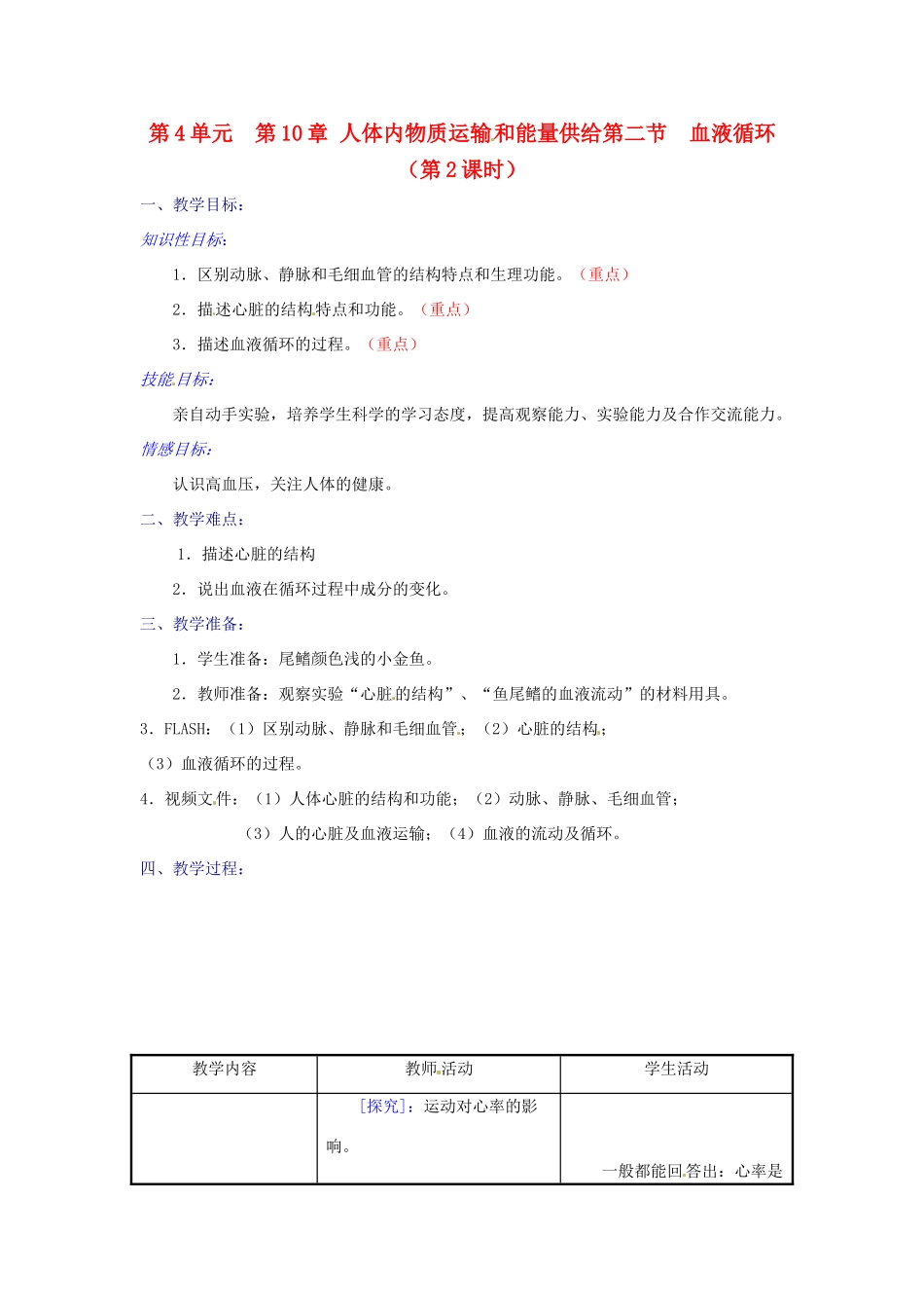 七年级生物下册 第10章第2节血液循环教学设计1 苏教版教材_第1页