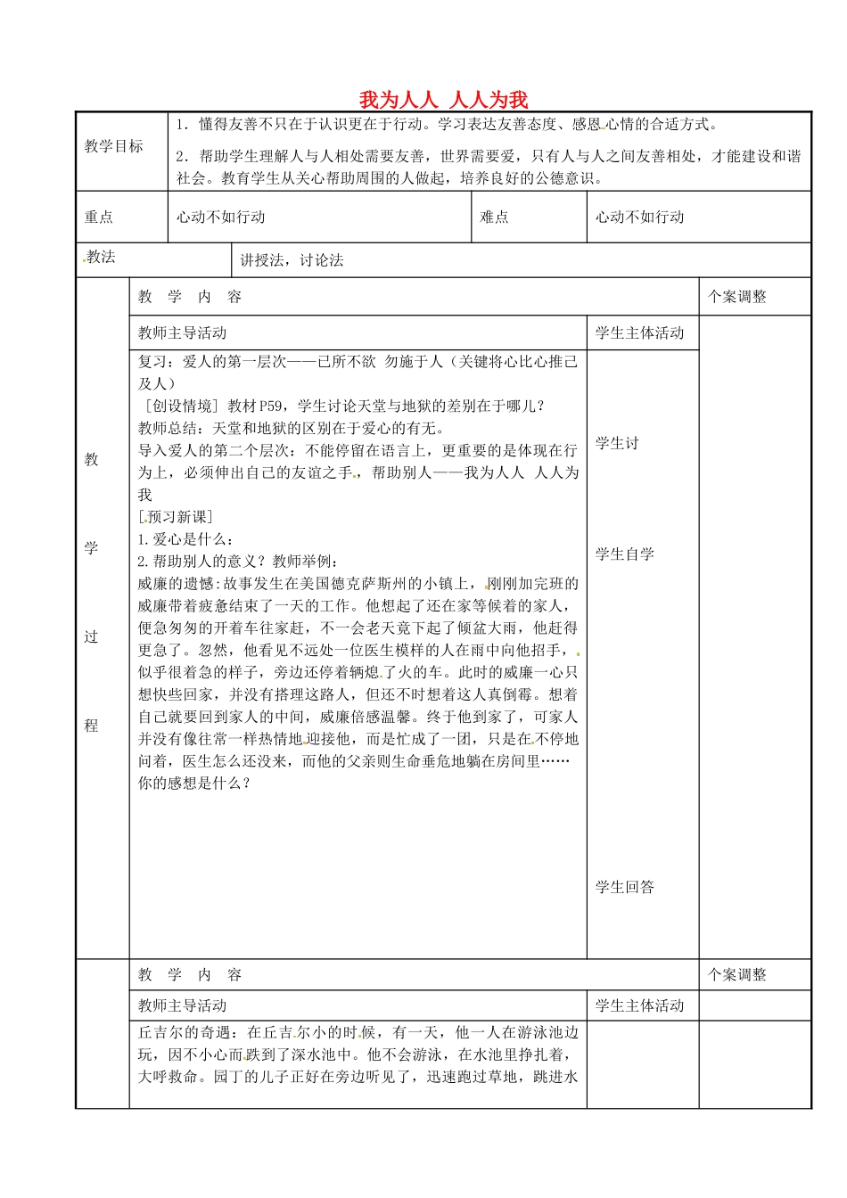 七年级政治上册 6.2 我为人人 人人为我教学设计 苏教版教材-苏教版教材初中七年级上册政治教学设计_第1页