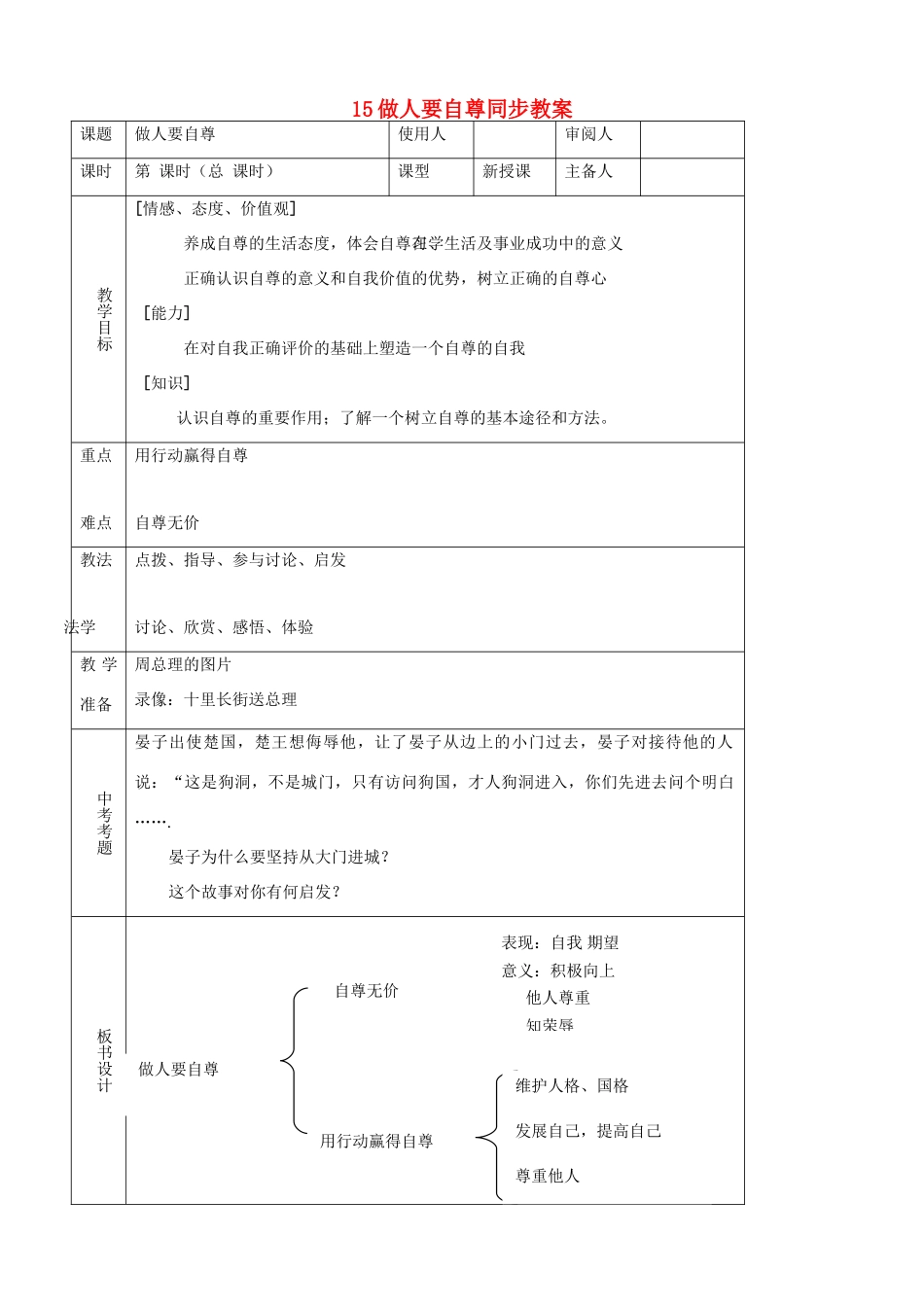 七年级思品上册 15做人要自尊同步教学设计 鲁教版教材_第1页