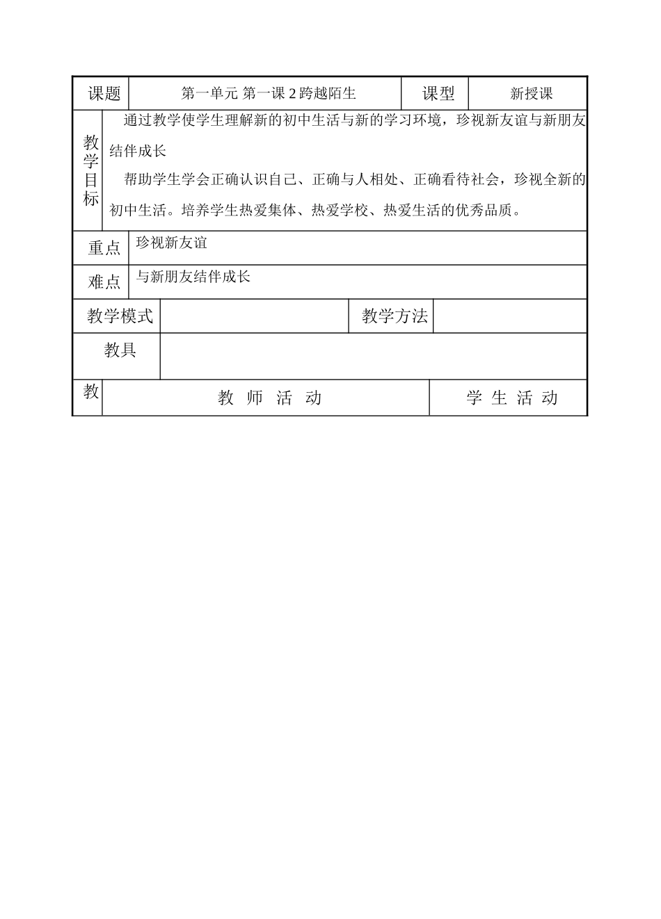 七年级政治上：第一课《走进中学》第二课时教学设计（教科版教材）_第1页