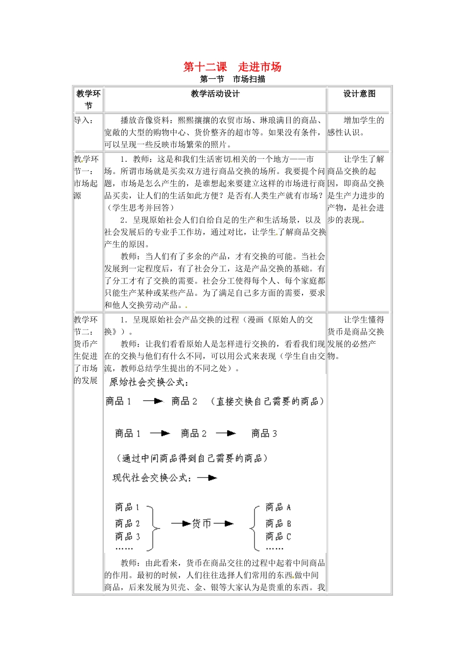 四川省宜宾县复龙初级中学八年级政治下册 第十二课 走进市场教学设计 教科版教材_第1页