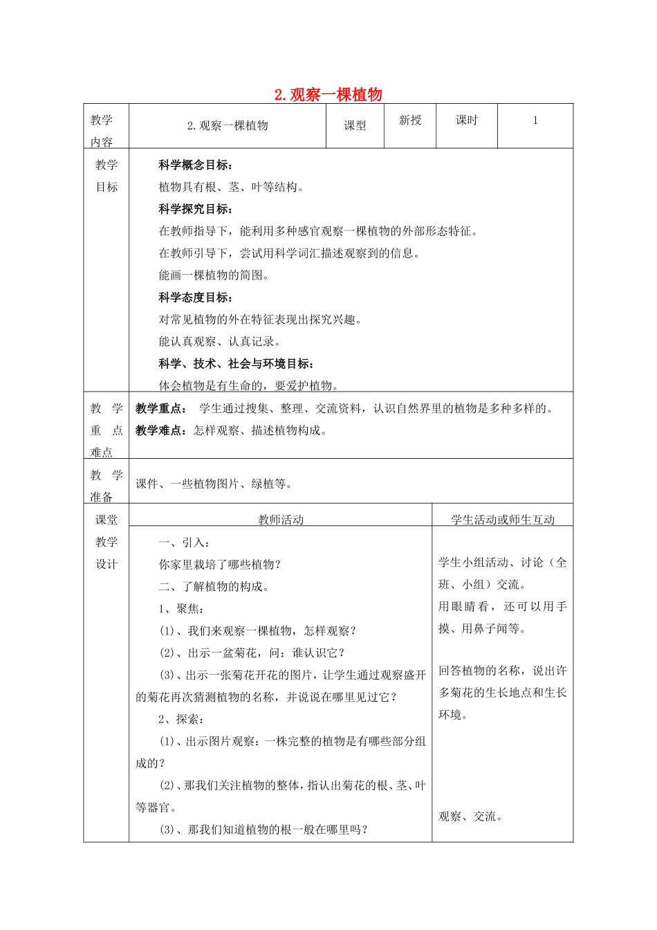 一年级科学上册 第1单元 植物 2《观察一棵植物》教案1 教科版-教科版小学一年级上册自然科学教案_第1页