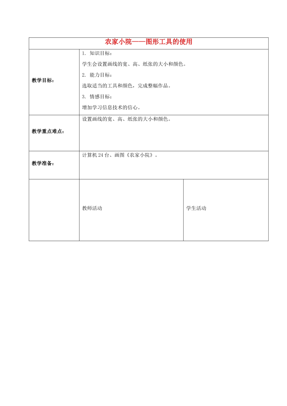 一年级信息技术上册 农家小院——图形工具的使用 1教案 河大版_第1页