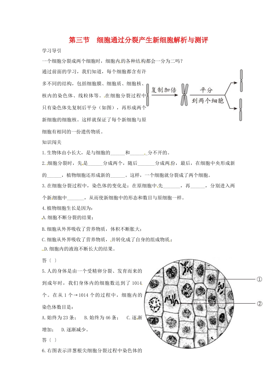 七年级生物上册第三节　细胞通过分裂产生新细胞解析与测评教学设计人教版教材_第1页