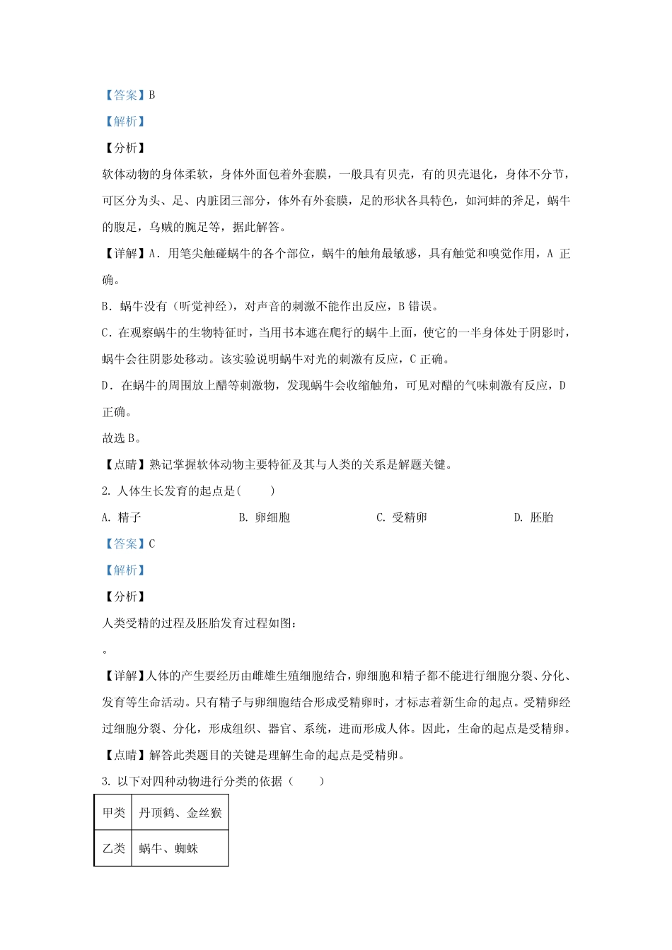 2020年上海市会考生物试题(解析版) _第2页