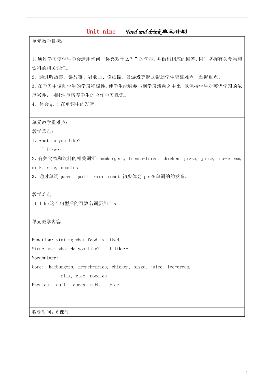 一年级英语下册 Unit 9 Food and drink教案 北师大版_第1页