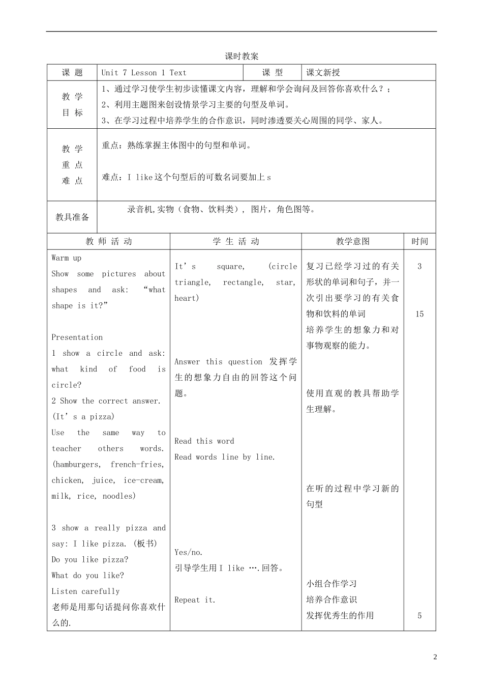 一年级英语下册 Unit 9 Food and drink教案 北师大版_第2页