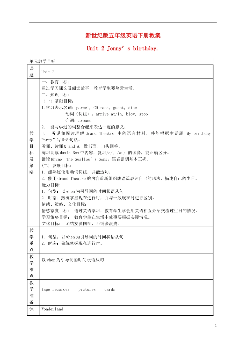 五年级英语下册 Unit 2 Jenny’s birthday.(2)教案 新世纪版_第1页