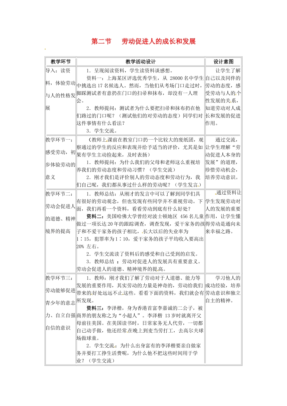 四川省宜宾县复龙初级中学八年级政治下册 第二节 劳动促进人的成长和发展教学设计 教科版教材_第1页