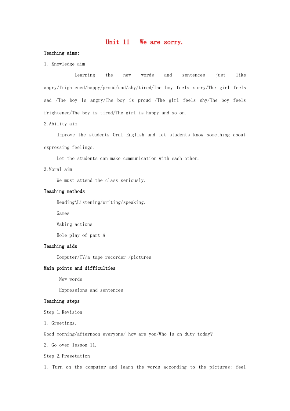 五年级英语上册 Unit 11 We are sorry教案3 湘少版-湘少版小学五年级上册英语教案_第1页