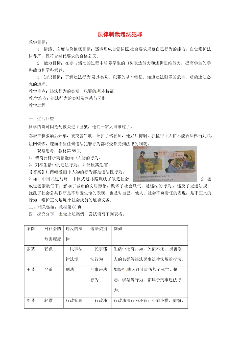 山东省临淄区七年级政治下册 第六单元 走进法律 与法同行 法律制裁违法犯罪教学设计 鲁人版教材五四制-鲁人版教材初中七年级下册政治教学设计_第1页