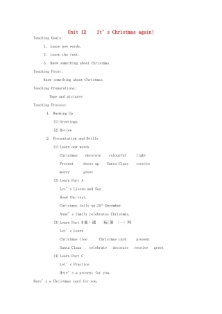 学年六年级英语上册 Unit 12 It’s Christmas again教案 湘少版（三起）-湘少版小学六年级上册英语教案