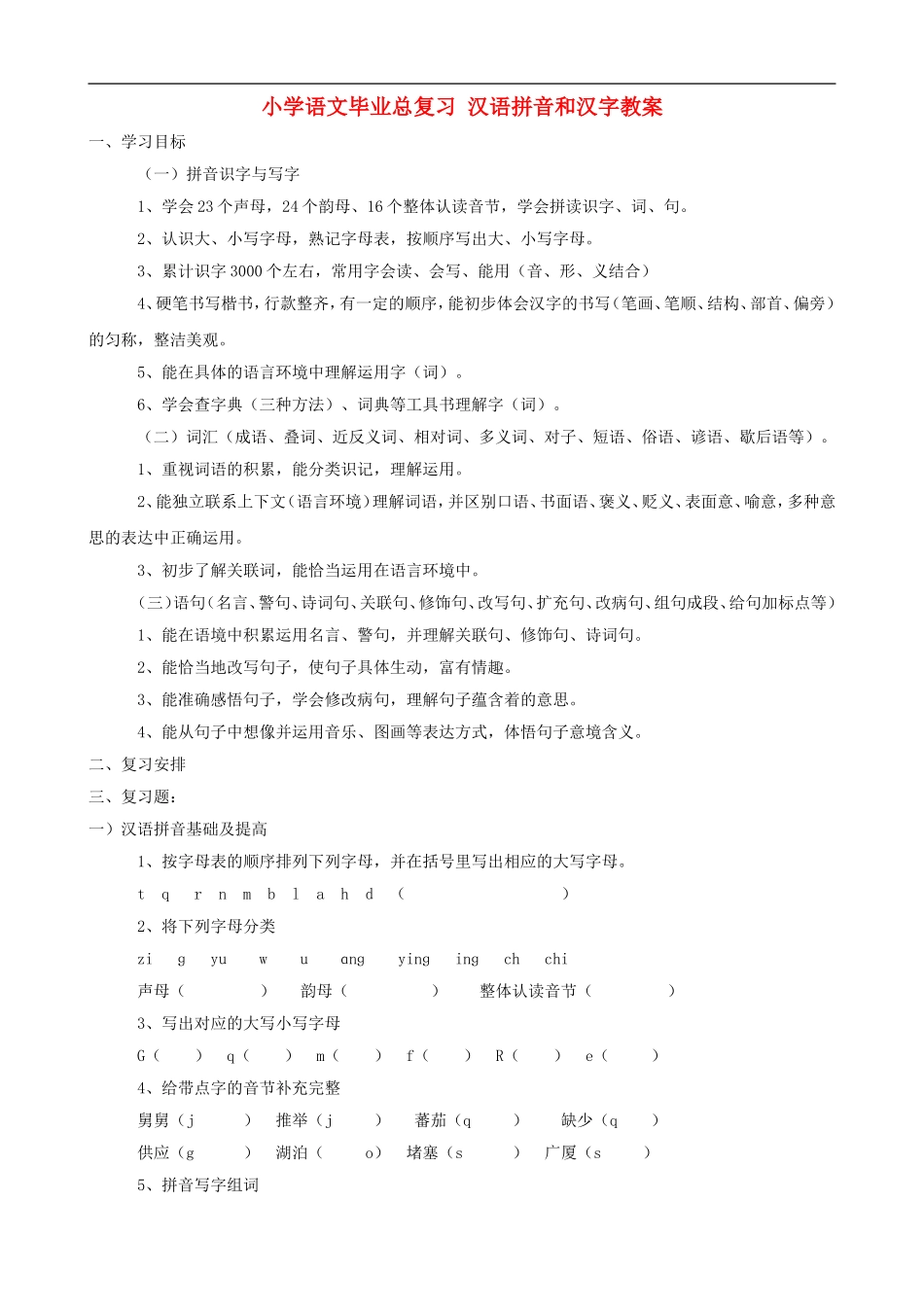 小学语文毕业总复习 汉语拼音和汉字教案_第1页