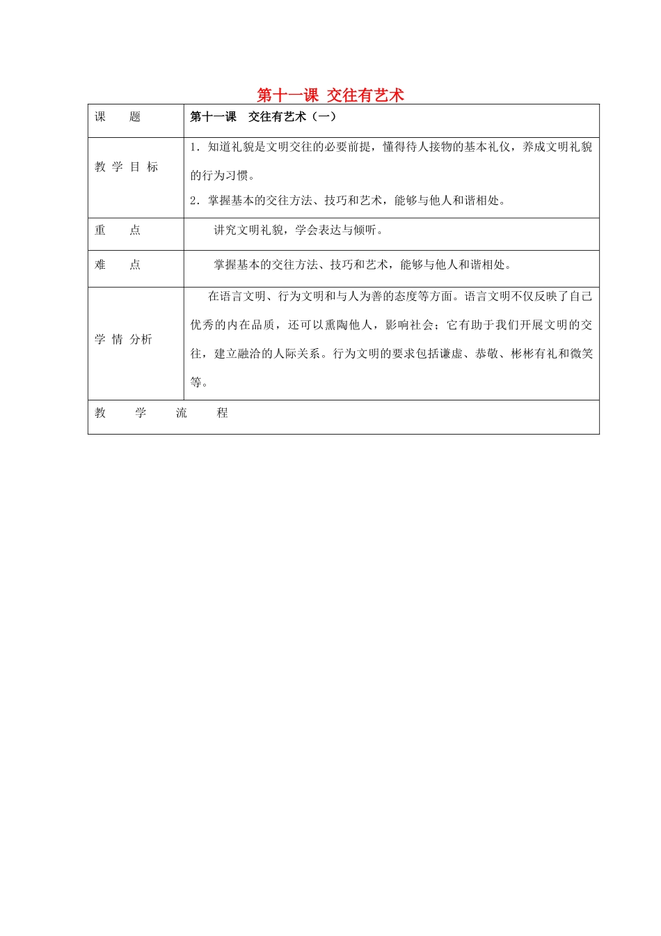 七年级政治上册 第11课 交往有艺术教学设计 教科版教材-教科版教材初中七年级上册政治教学设计(00001)_第1页