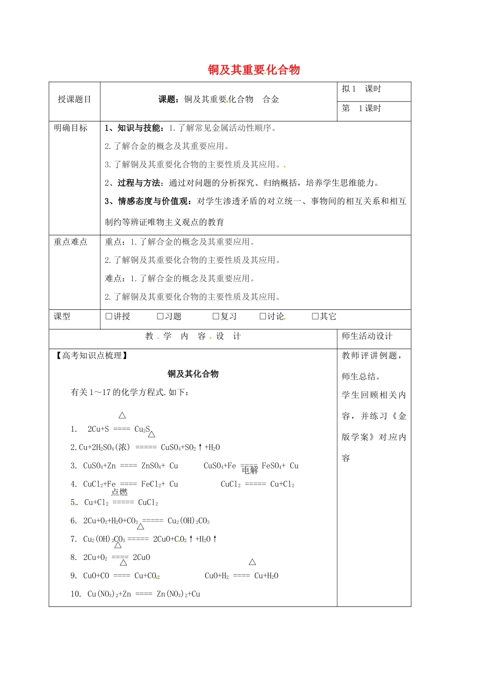 高三化学一轮复习 铜及其重要化合物教学设计-人教版高三全册化学教案_第1页