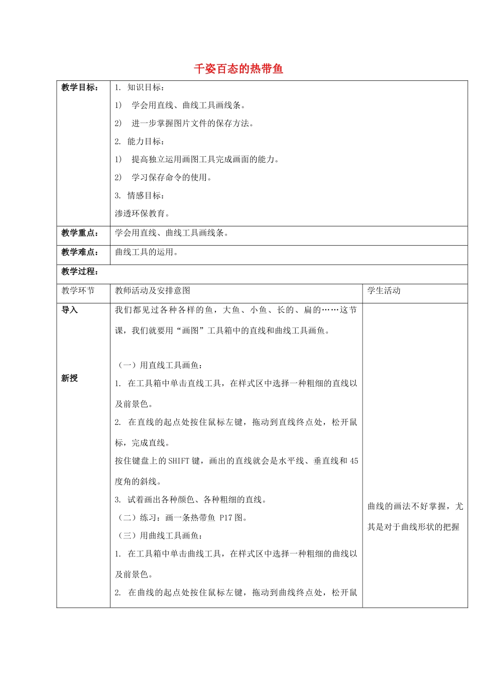 一年级信息技术上册 千姿百态的热带鱼教案 清华版_第1页