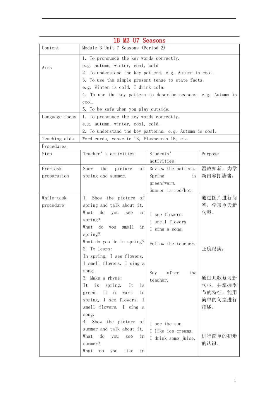 一年级英语下册 Module3 Unit7 Seasons period2教案 （新版）沪教牛津版_第1页