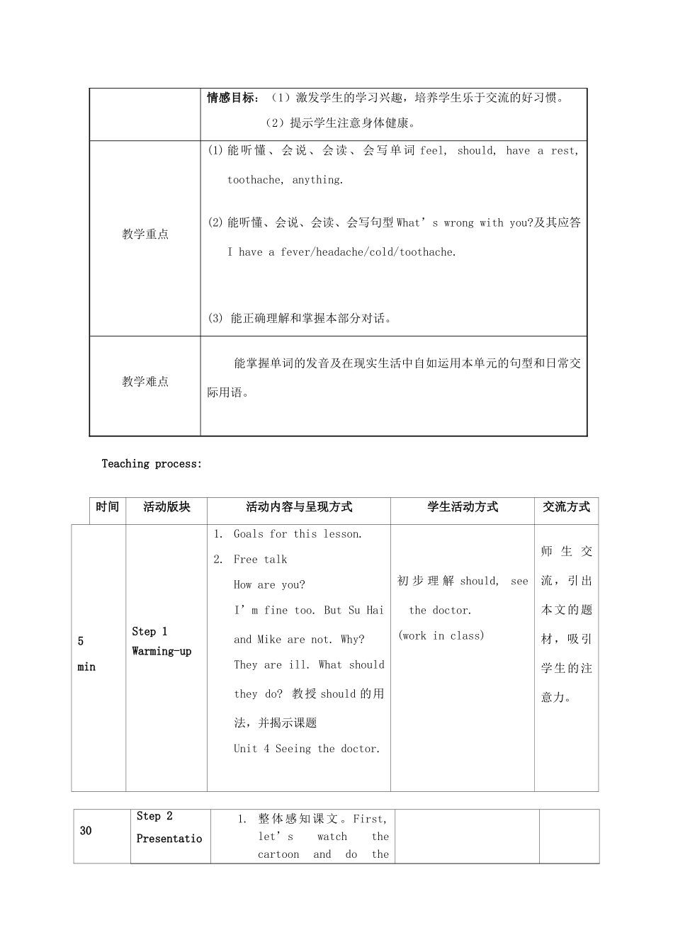 五年级英语下册 Unit 4《Seeing the doctor》单元教案2 （新版）牛津译林版-牛津版小学五年级下册英语教案_第2页