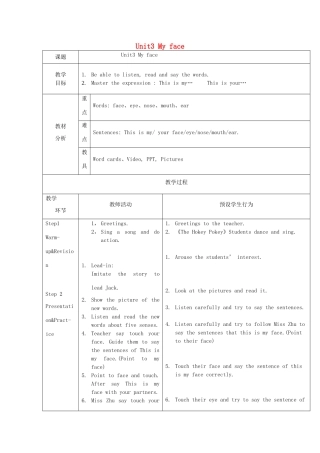 一年级英语上册 Module 1 Getting to know you Unit 3《My face》教案2 牛津上海版（深圳用）-牛津上海版小学一年级上册英语教案