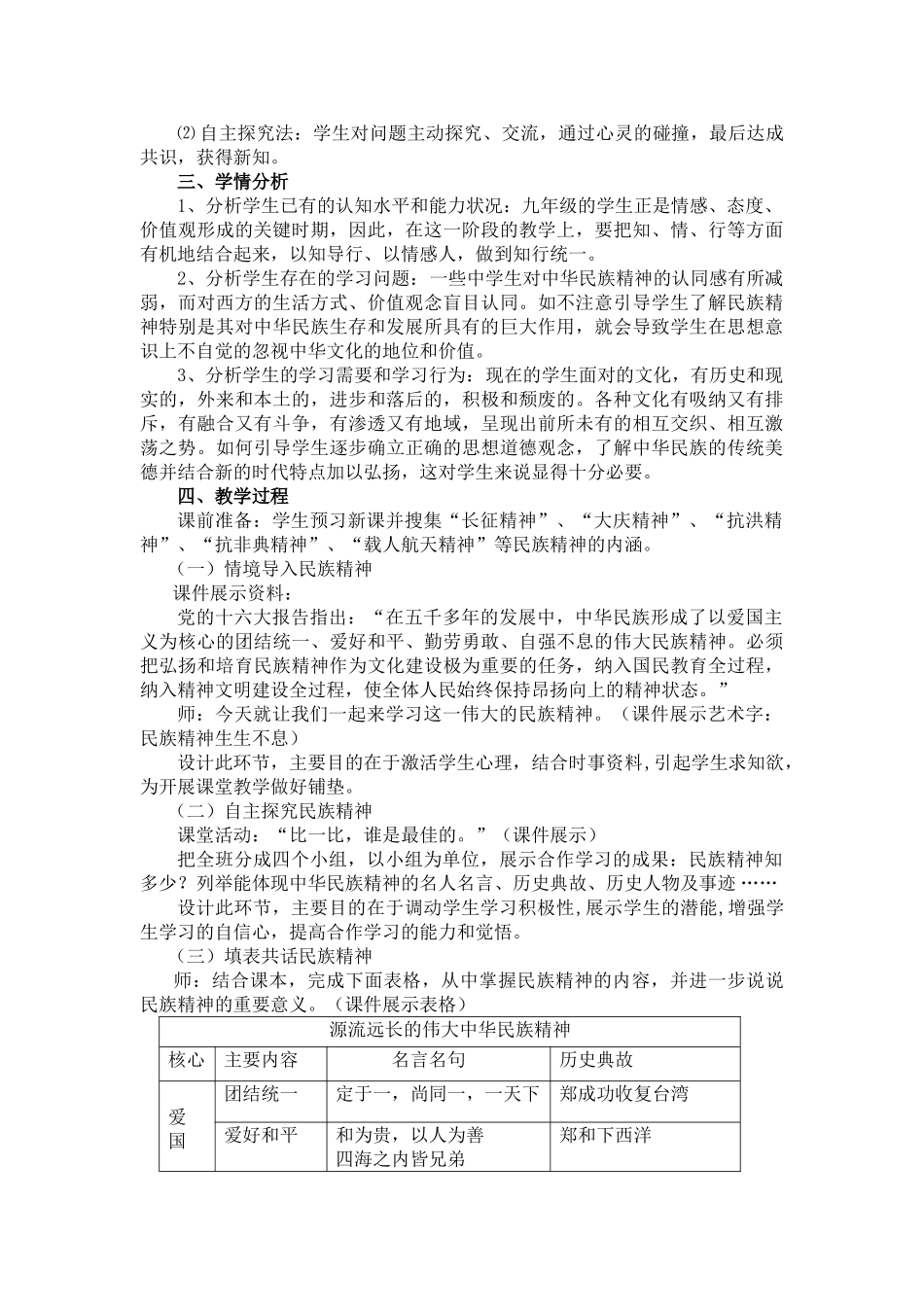 九年级政治《民族精神生生不息》教学设计_第2页