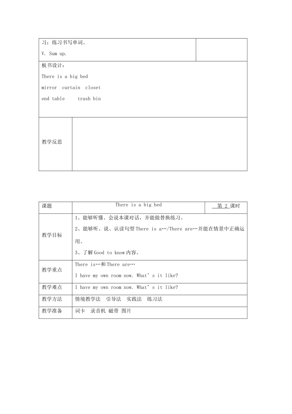 五年级英语上册 Unit 5 There is a big bed单元教案5 人教PEP版-人教PEP小学五年级上册英语教案_第3页