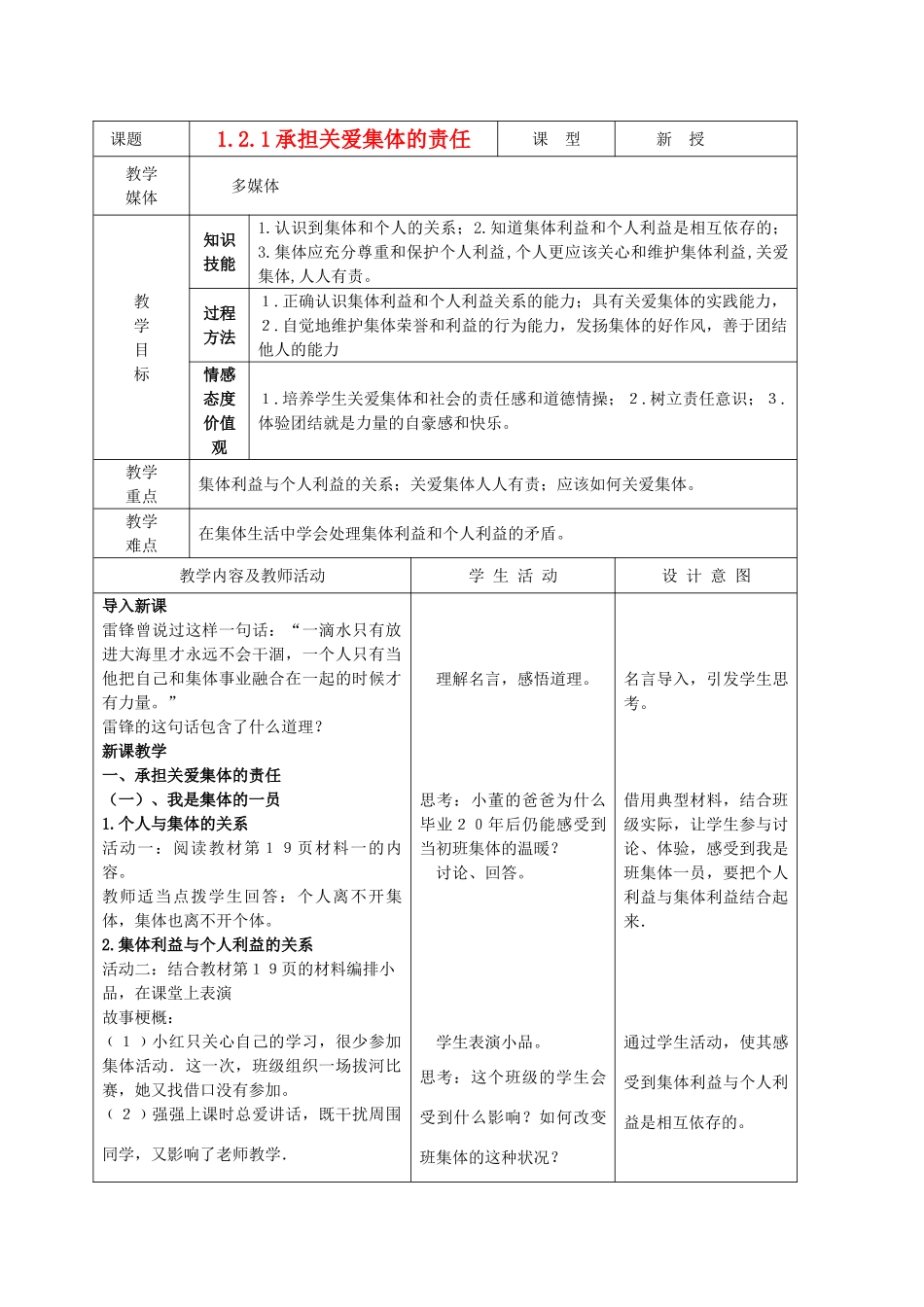 九年级政治 1.2.1承担关爱集体的责任教学设计 鲁教版教材_第1页