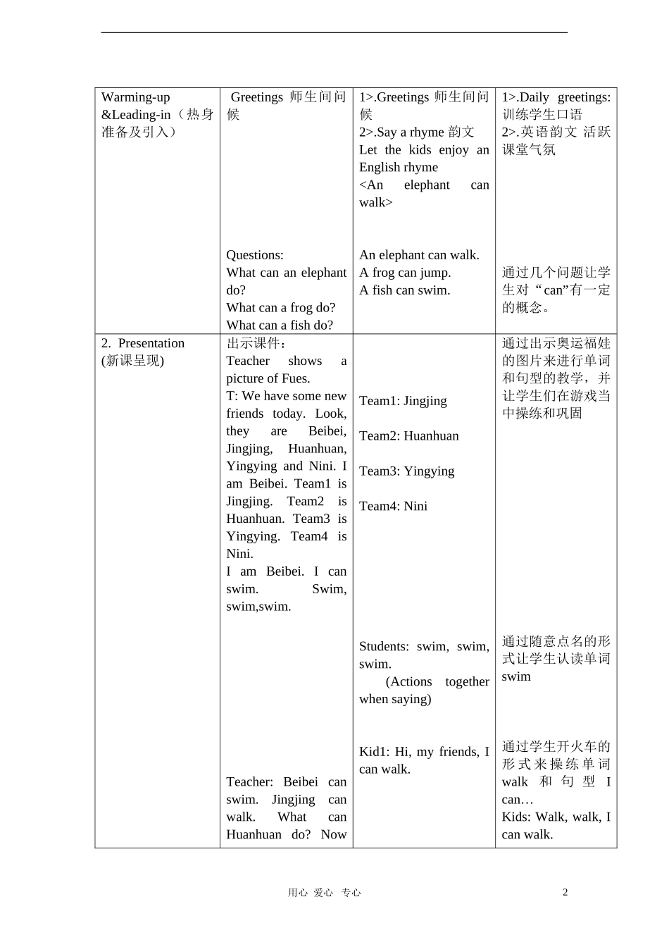 一年级英语下册 Unit 12 I can swim教案 北师大版_第2页