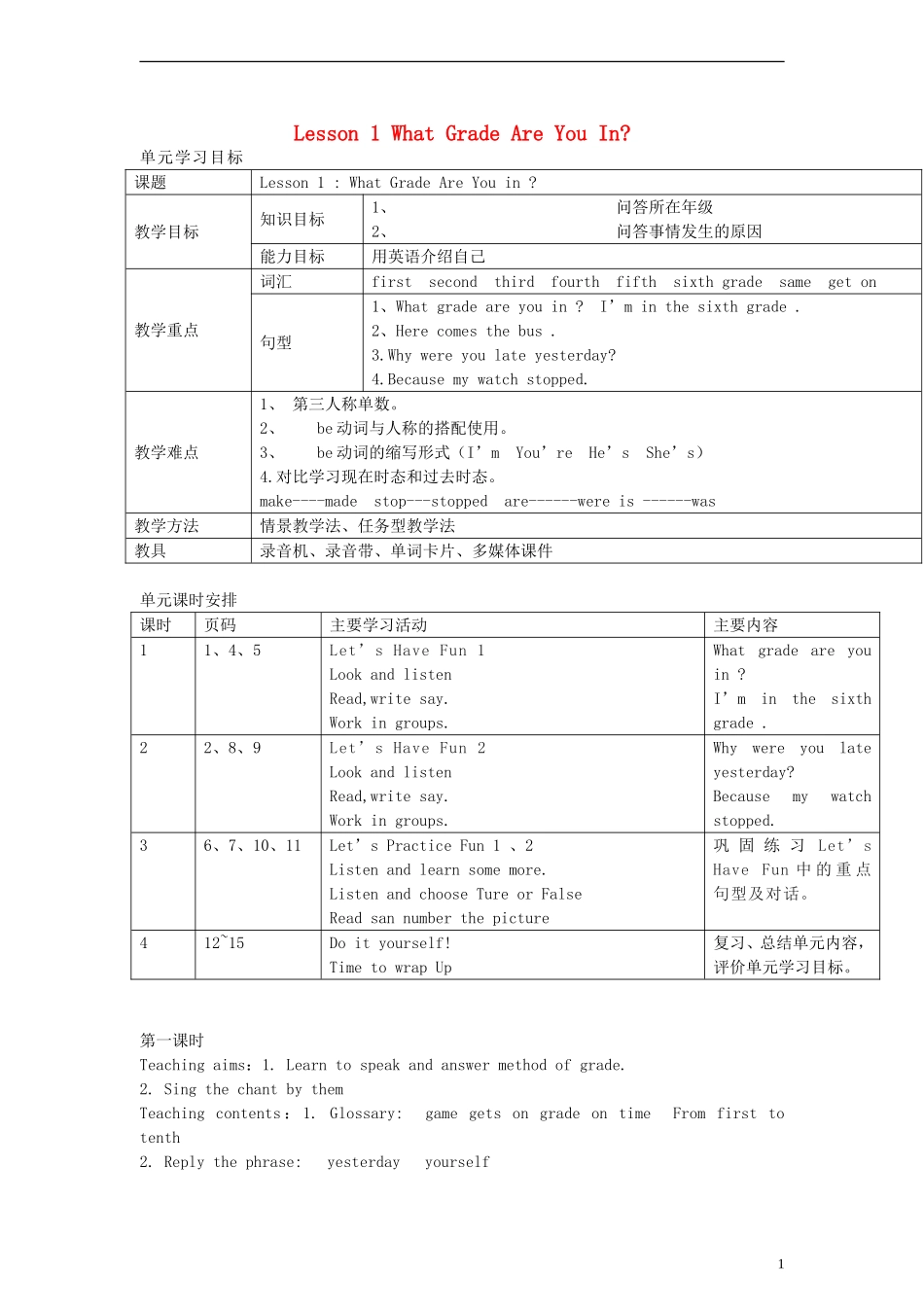 （EEC）六年级英语上册 Lesson1 What Grade Are You In教案（2）_第1页