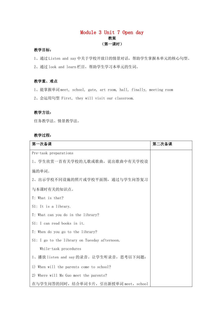 五年级英语下册 Module 3 Things we do Unit 7《Open day》教案 牛津上海版（三起）-牛津上海版小学五年级下册英语教案_第1页