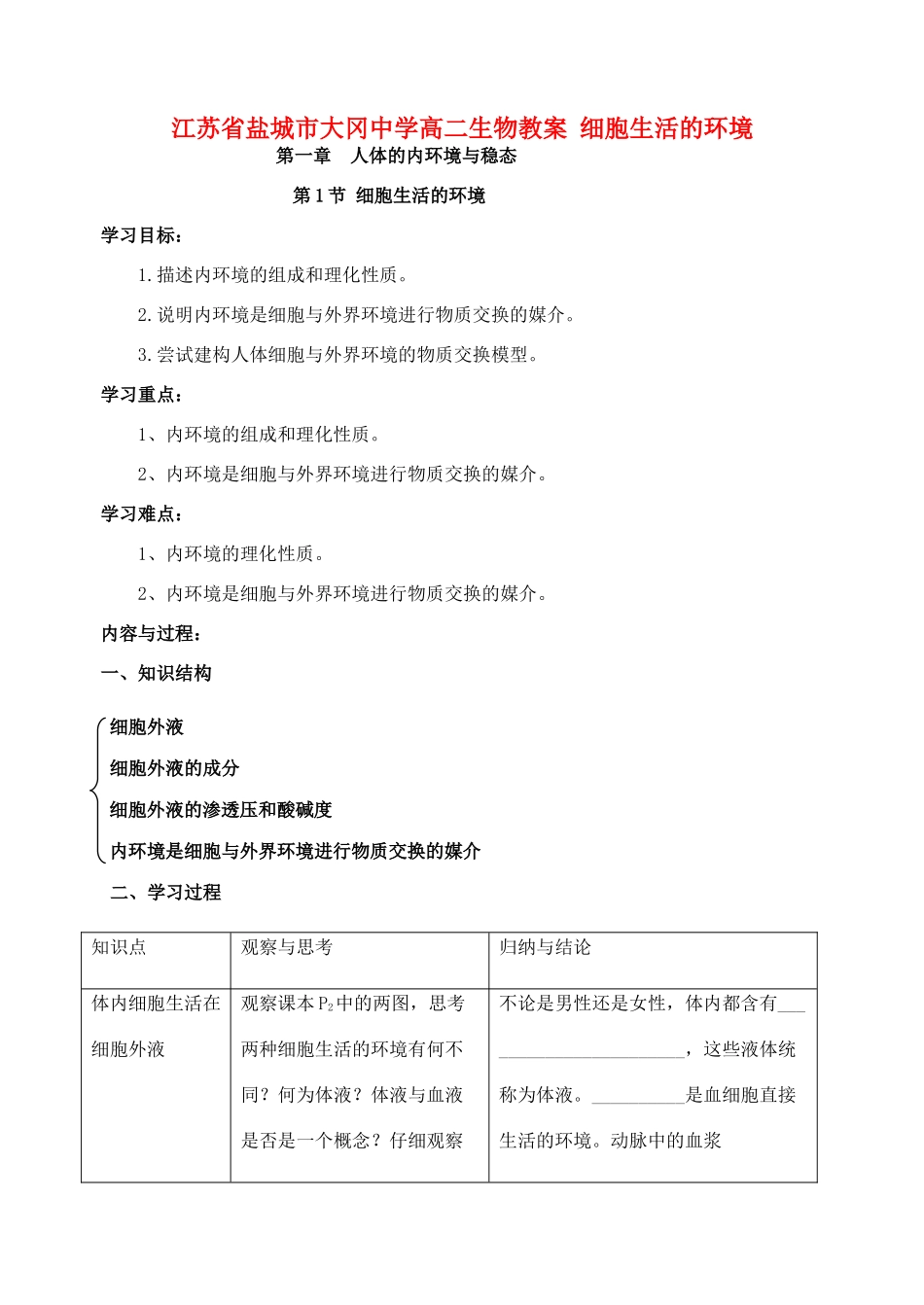 江苏省盐城市大冈中学高二生物教案 细胞生活的环境_第1页