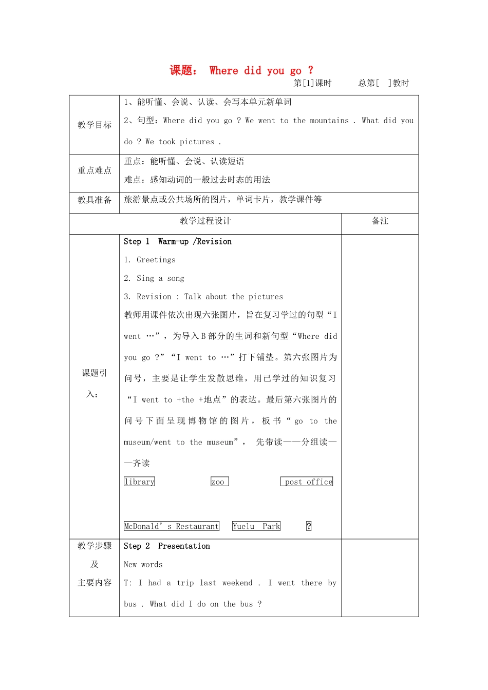 五年级英语下册 Unit 12《Where did you go》教案 湘少版-湘少版小学五年级下册英语教案_第1页