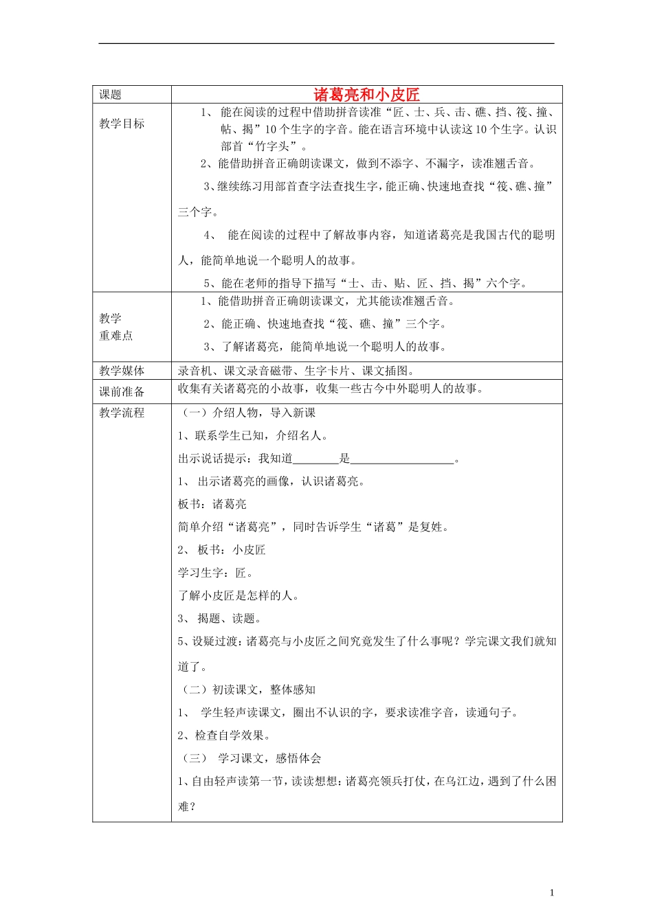 一年级语文下册 诸葛亮和小皮匠教案 沪教版_第1页