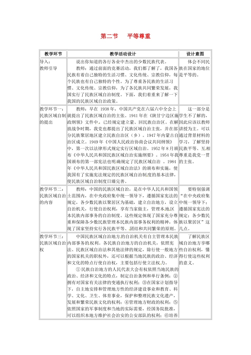 四川省宜宾县复龙初级中学八年级政治下册 第二节 平等尊重教学设计 教科版教材_第1页
