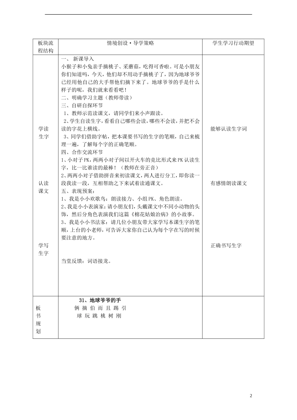 一年级语文下册 31 地球爷爷的手课案 人教新课标版_第2页
