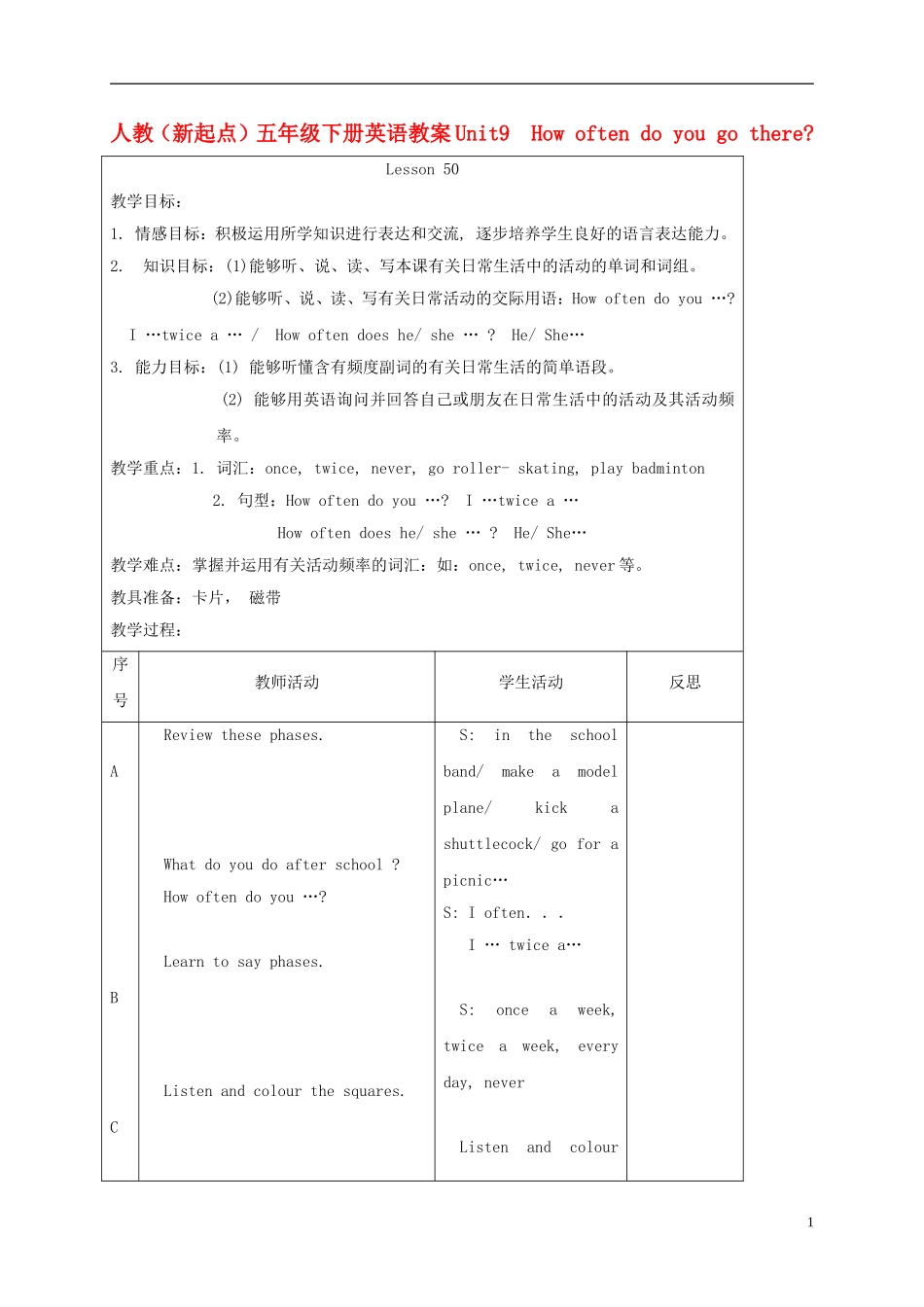五年级英语下册 unit9 Lesson50教案 人教新起点_第1页