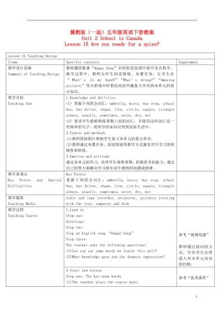 五年级英语下册 Unit 2 Lesson 15(1)教案 冀教版（一起）