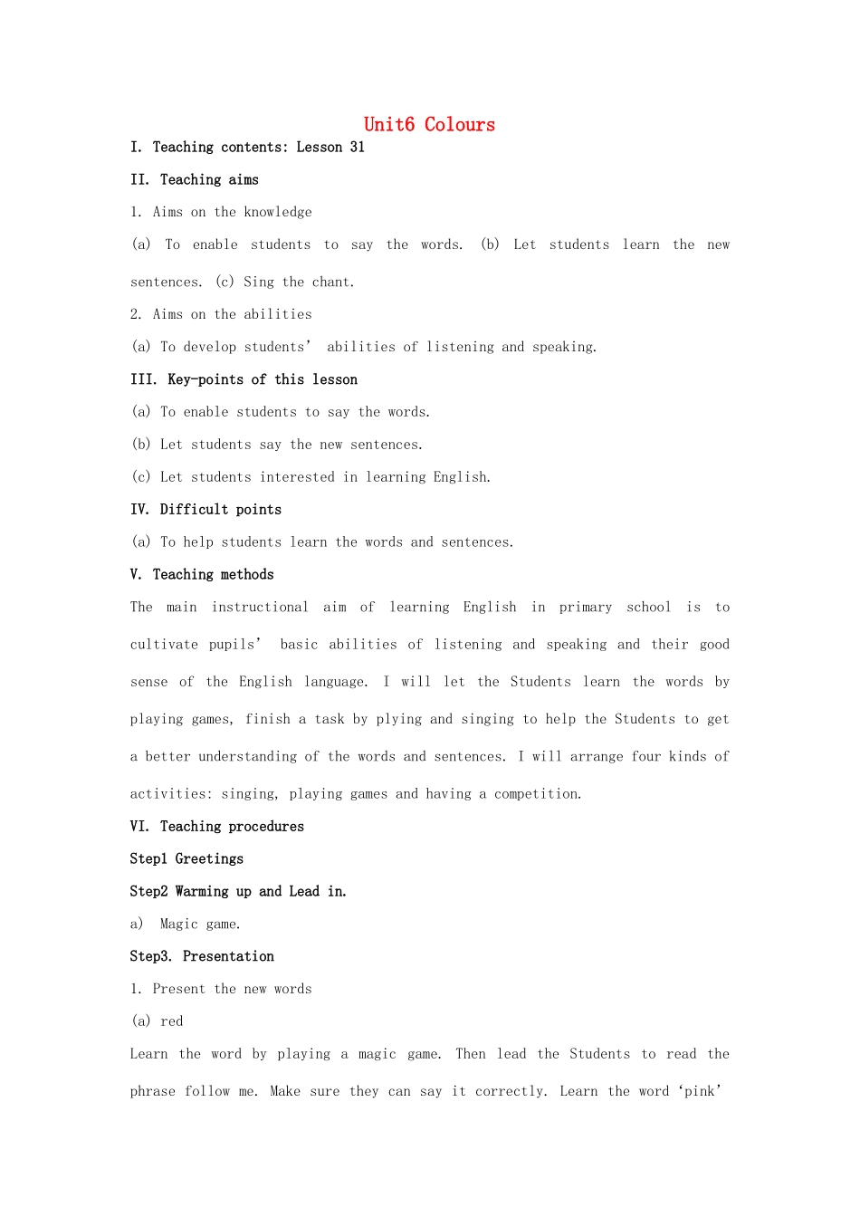 一年级英语上册 Unit 6 Colours（lesson31）教案之一 人教新起点-人教新起点小学一年级上册英语教案_第1页