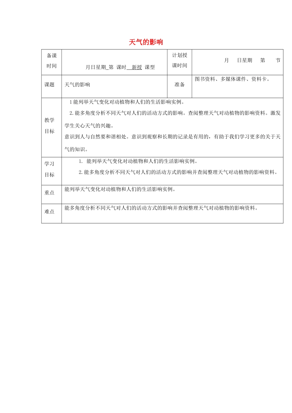 一年级科学上册 第三单元 认识天气 2 天气的影响教学设计（新版）湘科版-人教版小学一年级上册自然科学教案_第1页
