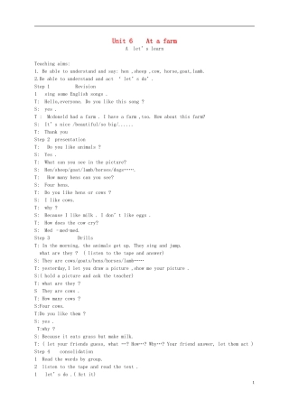 四年级英语下册 unit6  Part A教案 人教pep