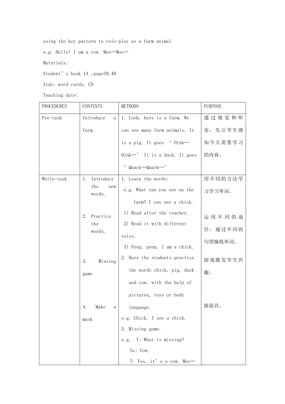 一年级英语上册 Module 4 The world around us Unit 10《On the farm》教案2 牛津上海版（深圳用）-牛津上海版小学一年级上册英语教案_第2页