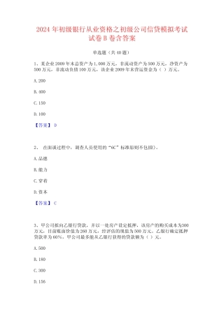 2024年初级银行从业资格之初级公司信贷模拟考试试卷B卷含答案