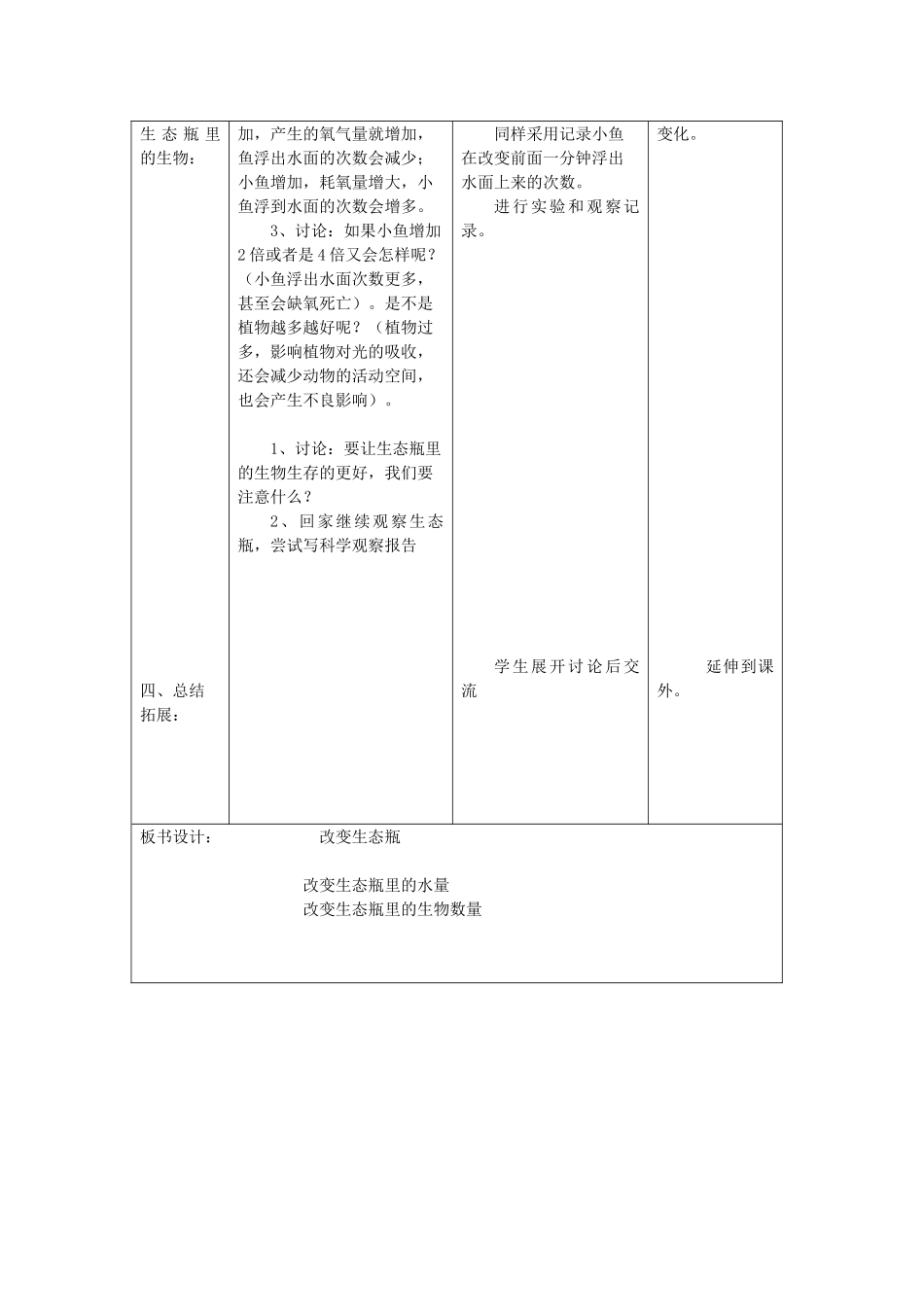 五年级科学上册《改变生态瓶》表格式教案 教科版_第2页