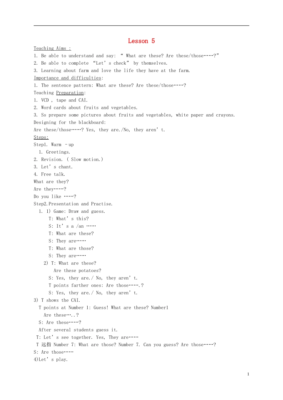 四年级英语下册 unit6 lesson5教案 人教pep_第1页