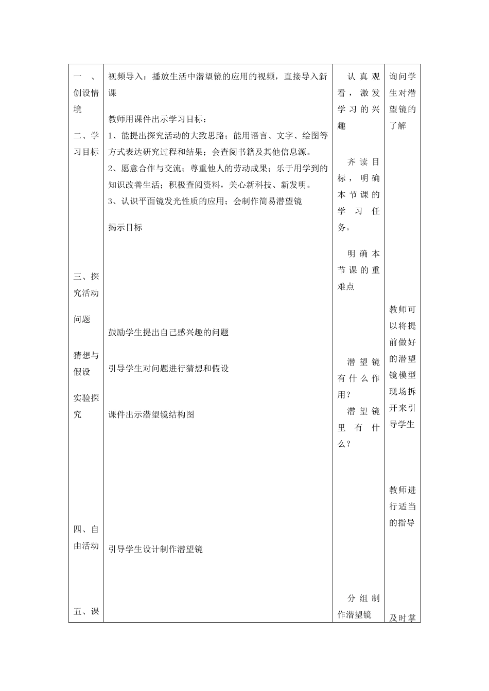 五年级科学下册《潜望镜的秘密》表格式教学设计 青岛版_第2页