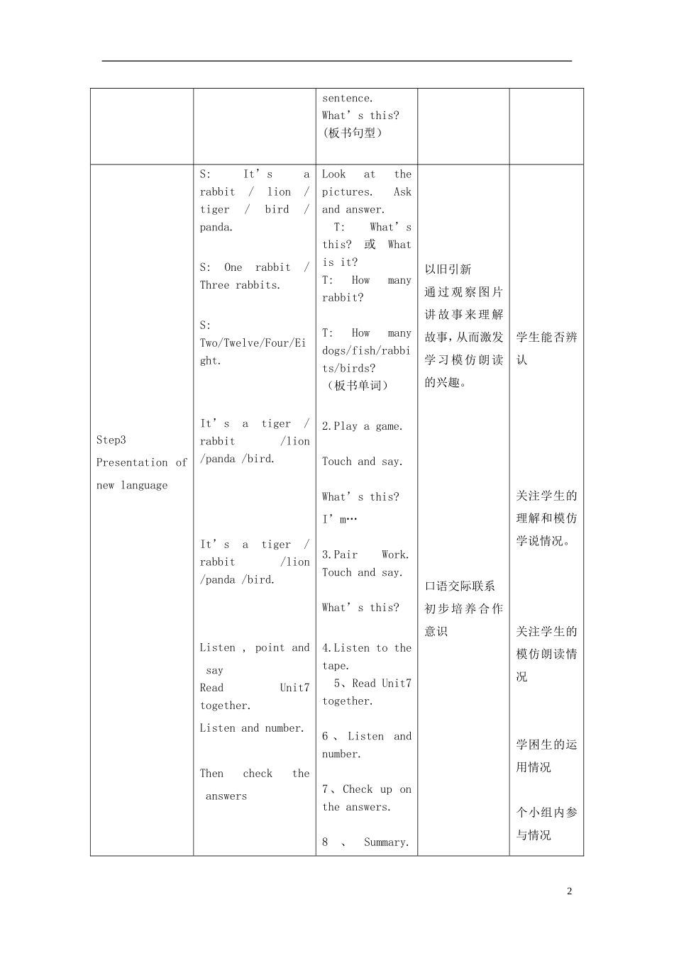 一年级英语下册 Unit7 Animals 第一课时教案 北师大版_第2页