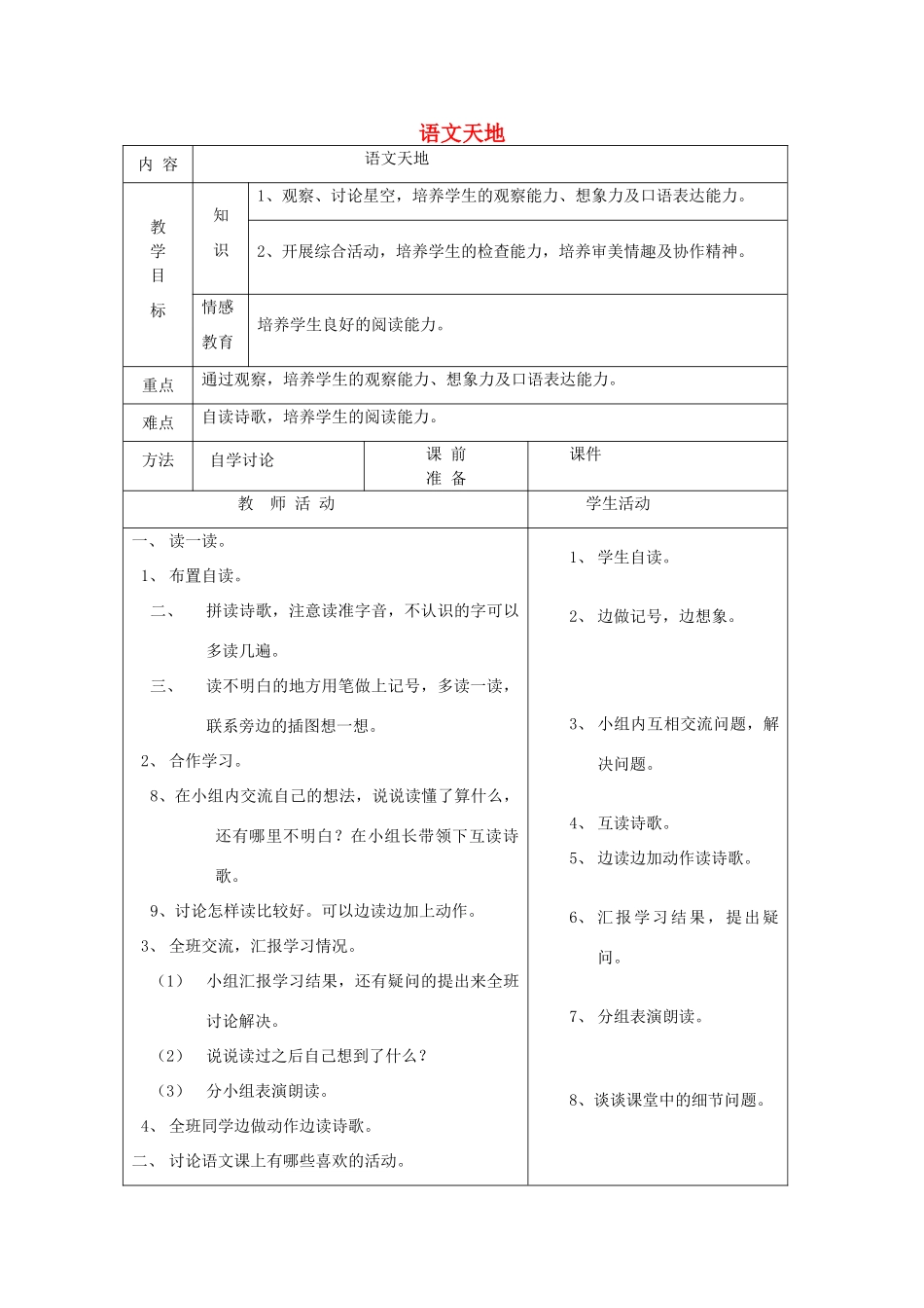一年级语文下册 12 星空 语文天地（第2课时）教案 北师大版-北师大版小学一年级下册语文教案_第1页