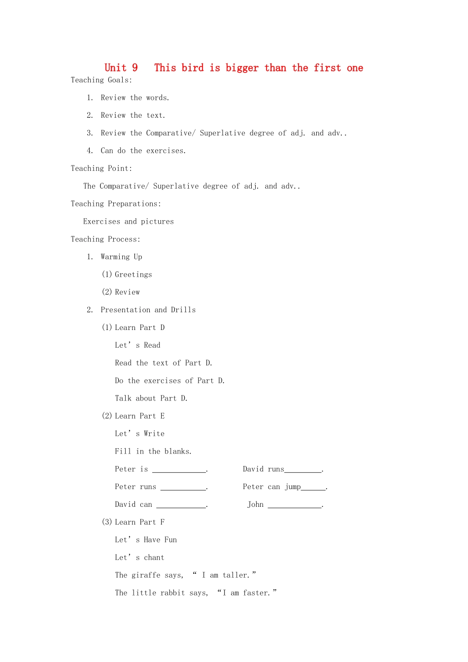 学年六年级英语上册 Unit 9 This bird is bigger than the first one教案 湘少版（三起）-湘少版小学六年级上册英语教案_第1页